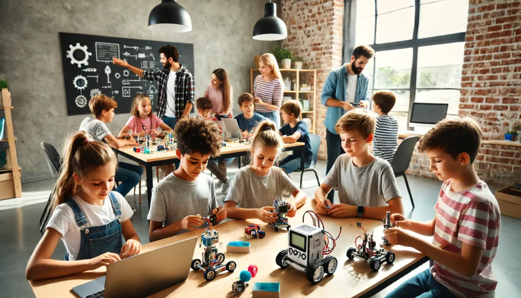 Grupo de trabalho a aprender robótica. AlphaSchool